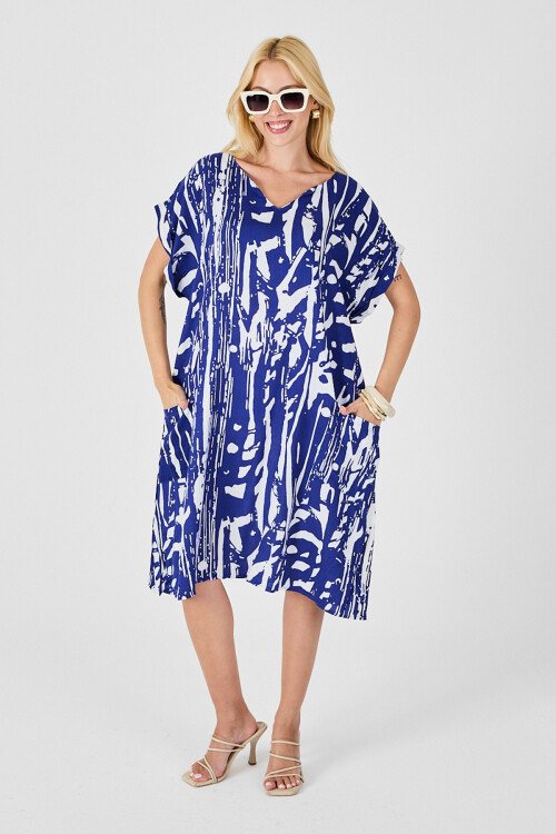 Saks Desenli V Yaka Yarasa Kol Oversize Midi Elbise