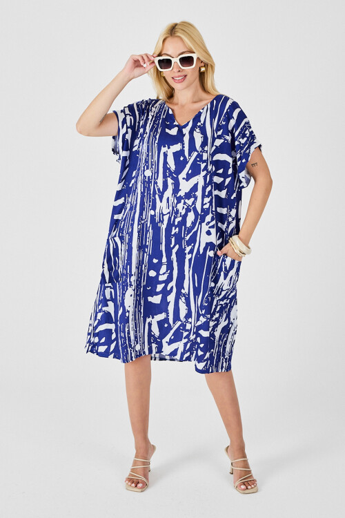 Saks Desenli V Yaka Yarasa Kol Oversize Midi Elbise