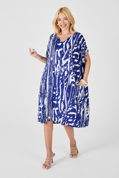 Saks Desenli V Yaka Yarasa Kol Oversize Midi Elbise