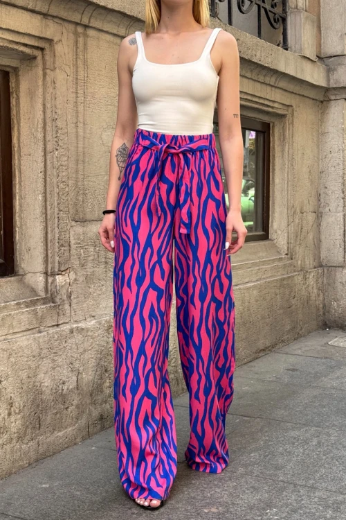 Saks Fuşya Beli Bağlamalı Bol Kesim Palazzo Yazlık Pantolon