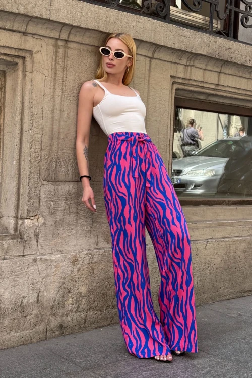 Saks Fuşya Beli Bağlamalı Bol Kesim Palazzo Yazlık Pantolon