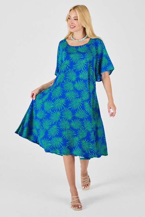 Saks Geniş Yaka Desenli Midi Boy Elbise