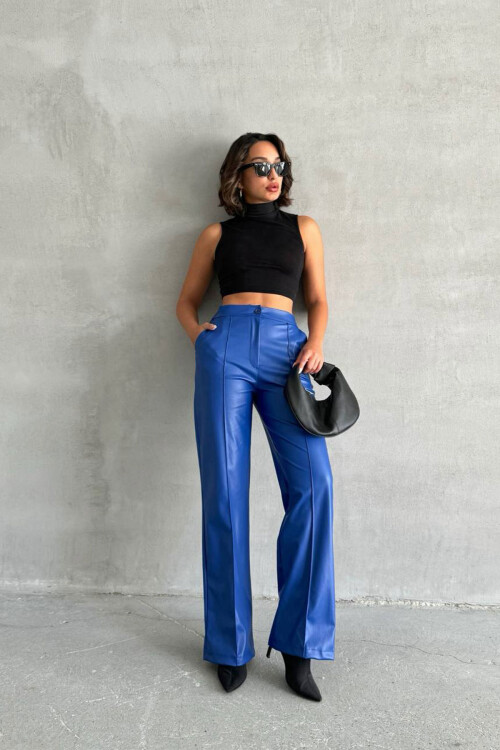 Saks Önü Dikiş Detaylı Suni Deri Palazzo Pantolon BCHN-2526654