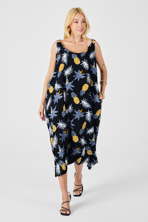 Sarı Askılı Boncuk Detaylı Çift Cepli Desenli Salaş Elbise