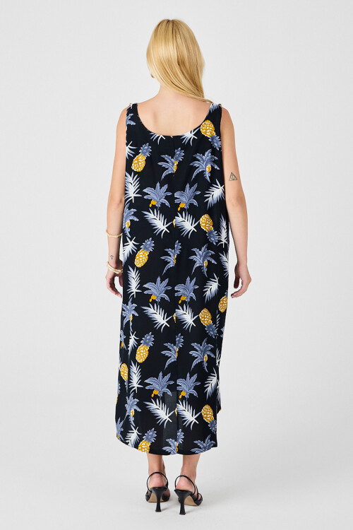 Sarı Askılı Boncuk Detaylı Çift Cepli Desenli Salaş Elbise