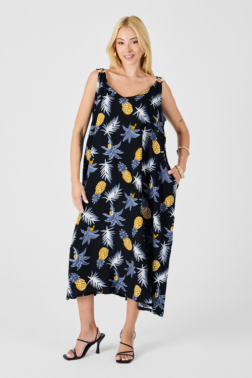 Sarı Askılı Boncuk Detaylı Çift Cepli Desenli Salaş Elbise