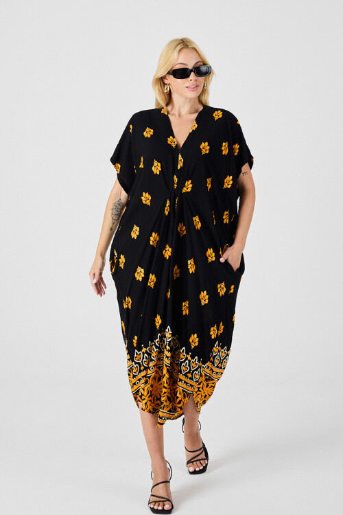 Sarı Desenli V Yaka Salaş Kesim Kaftan Elbise