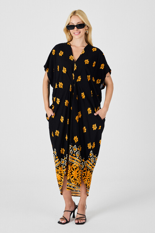Sarı Desenli V Yaka Salaş Kesim Kaftan Elbise