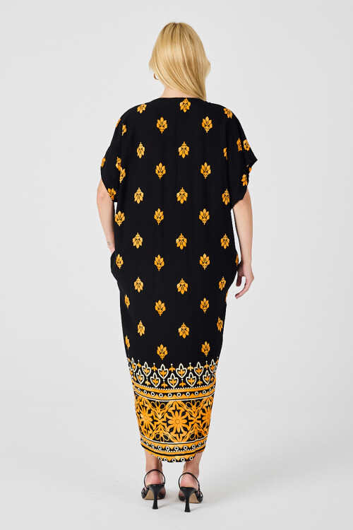 Sarı Desenli V Yaka Salaş Kesim Kaftan Elbise