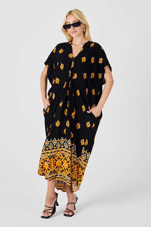 Sarı Desenli V Yaka Salaş Kesim Kaftan Elbise