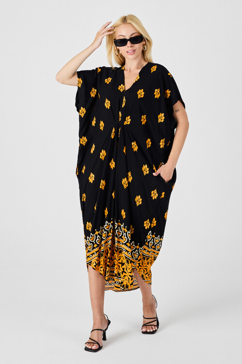 Sarı Desenli V Yaka Salaş Kesim Kaftan Elbise