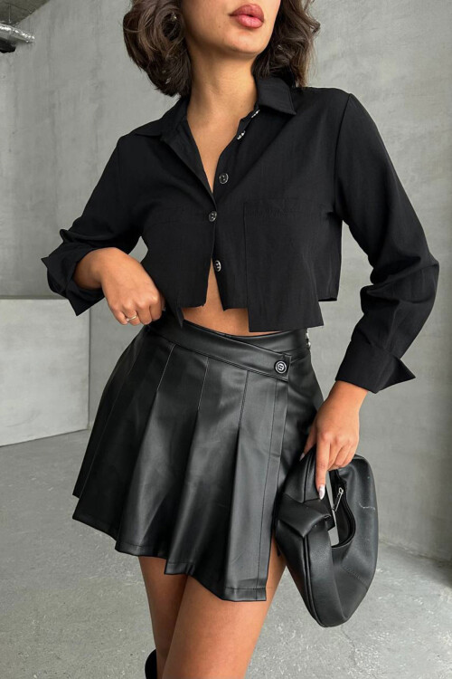 Siyah Asimetrik Kesim Pileli Şort Etek BCHN-25260071