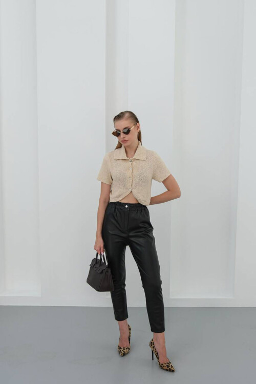 Siyah Beli Lastikli Suni Deri Pantolon BCHN-25W26637