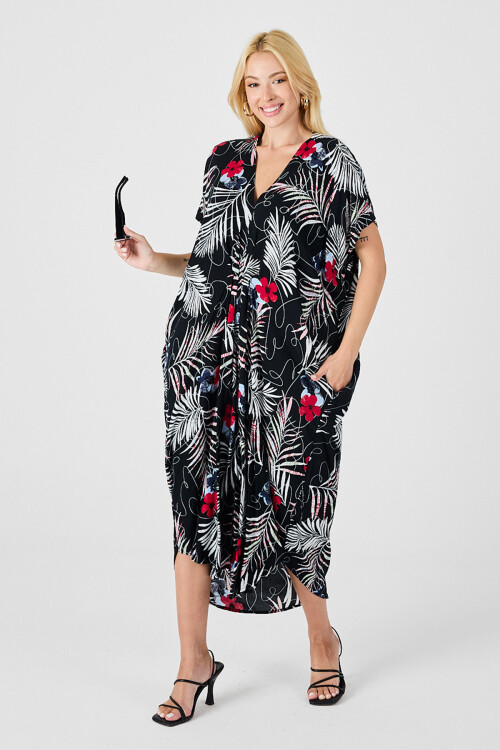 Siyah-Beyaz Desenli V Yaka Salaş Kesim Kaftan Elbise