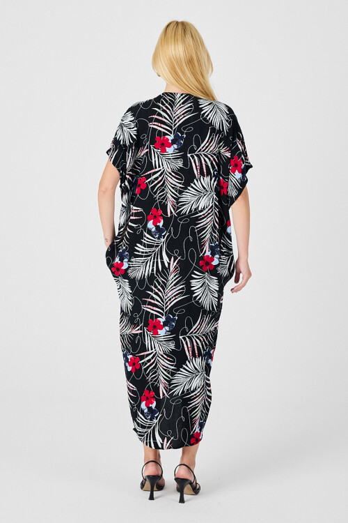 Siyah-Beyaz Desenli V Yaka Salaş Kesim Kaftan Elbise