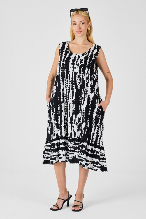 Siyah-Beyaz Oval Yaka Çift Cepli Volanlı Kolsuz Midi Elbise