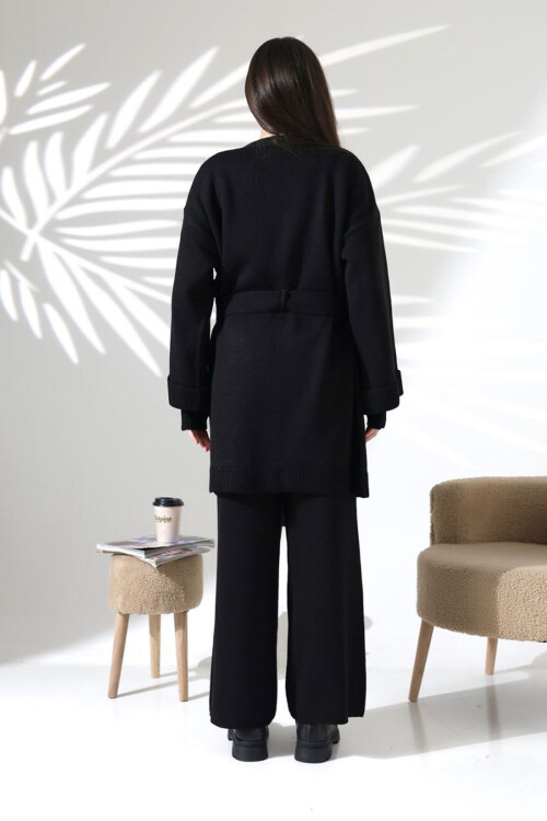 Siyah Bisiklet Yaka Bluz, Hırka Ve Pantolon 3 Lü Triko Takım BCES-252041