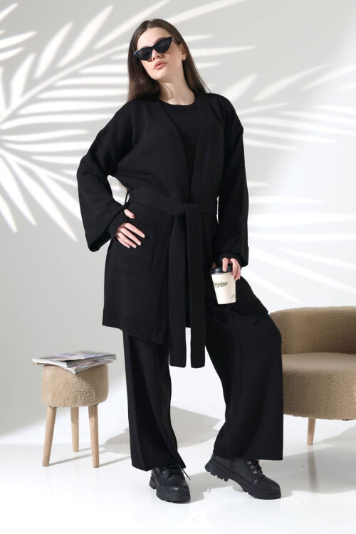 Siyah Bisiklet Yaka Bluz, Hırka Ve Pantolon 3 Lü Triko Takım BCES-252041