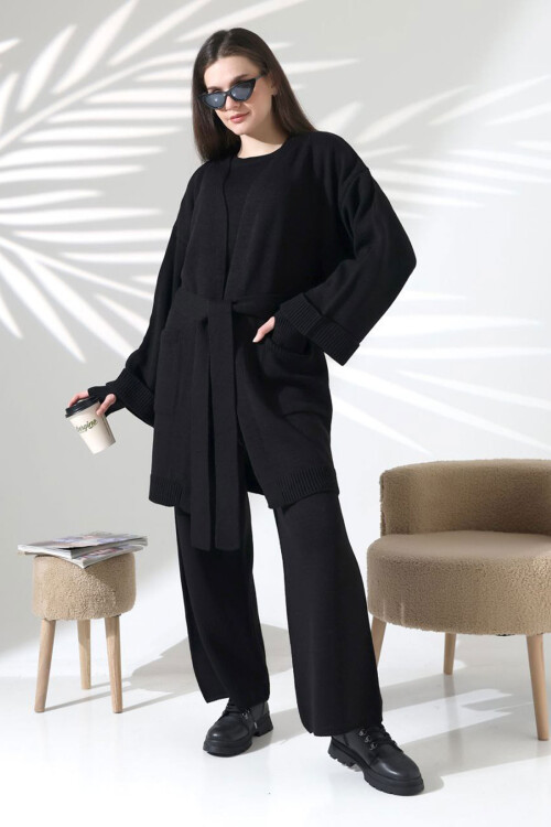 Siyah Bisiklet Yaka Bluz, Hırka Ve Pantolon 3 Lü Triko Takım BCES-252041