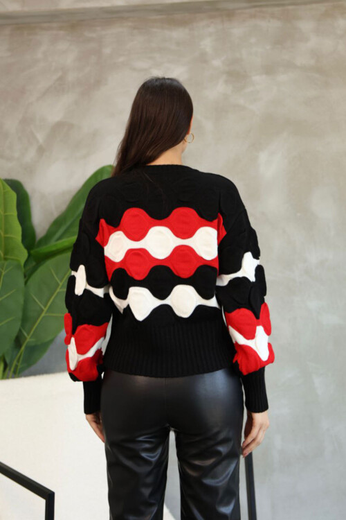 Siyah Bisiklet Yaka Kabartma Desenli Triko Kazak BCES-252034