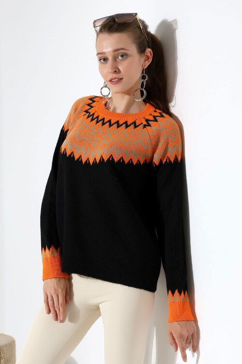 Siyah Bisiklet Yaka Kar Desenli Triko Kazak BCES-252028