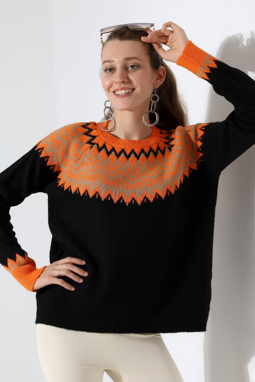 Siyah Bisiklet Yaka Kar Desenli Triko Kazak BCES-252028