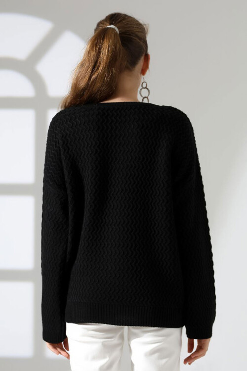 Siyah Bisiklet Yaka Su Yolu Desenli Triko Kazak BCES-252008