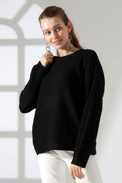 Siyah Bisiklet Yaka Su Yolu Desenli Triko Kazak BCES-252008