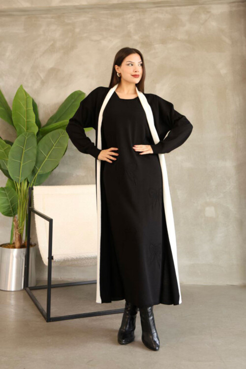 Siyah Bisiklet Yaka Elbise Ve Hırka Tesettür Alt Üst Takım BCES-252024