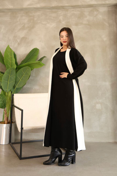 Siyah Bisiklet Yaka Elbise Ve Hırka Tesettür Alt Üst Takım BCES-252024