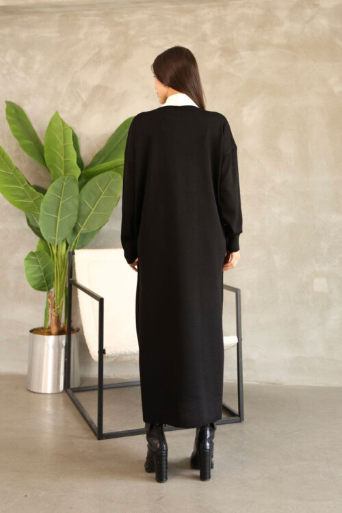 Siyah Bisiklet Yaka Elbise Ve Hırka Tesettür Alt Üst Takım BCES-252024