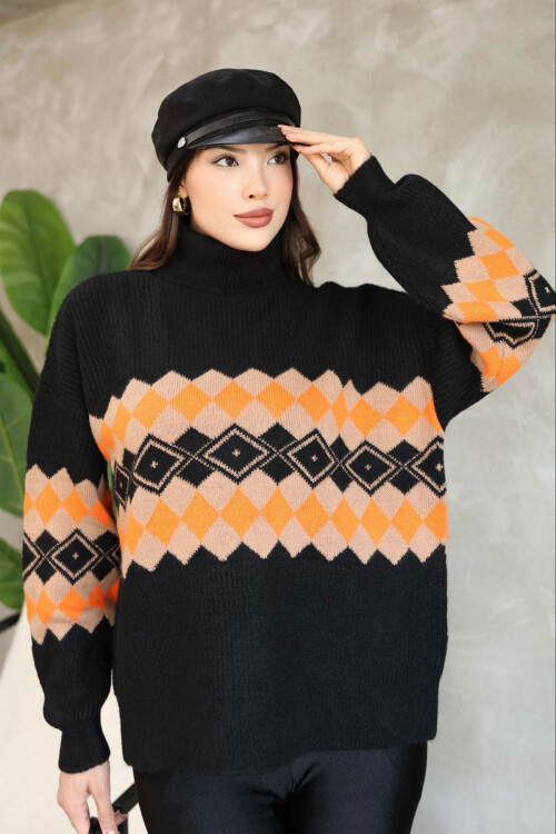 Siyah Boğazlı Desenli Triko Kazak BCES-252010