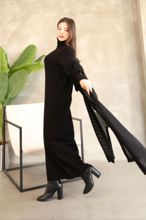 Siyah Boğazlı Uzun Kol Triko Elbise Ve Uzun Hırka Tesettür Alt Üst Triko Takım BCES-252039