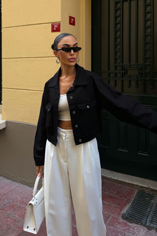 Siyah Çift Cep Denim Crop Ceket BCDF-255419