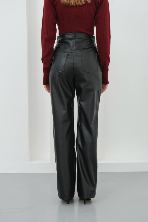 Siyah Çift Cepli Fit Kesim Suni Deri Pantolon BCHN-25267542