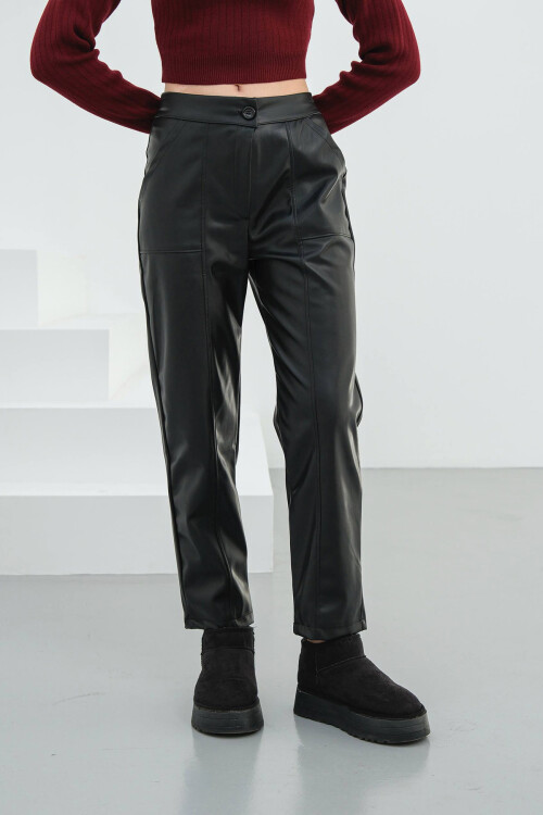 Siyah Çift Cepli Önü Dikiş Detaylı Suni Deri Pantolon BCHN-25265098