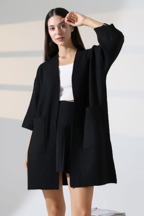 Siyah Çift Cepli Yarım Kol Uzun Boy Triko Hırka BCES-252019