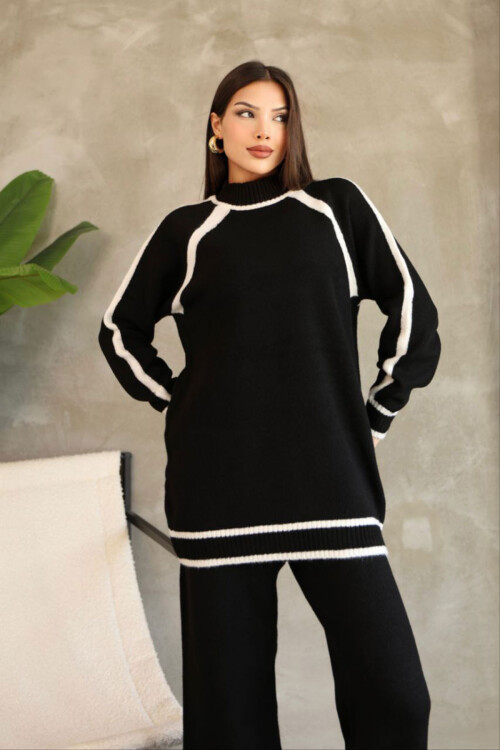 Siyah Çizgi Detaylı Bisiklet Yaka Tunik Ve Geniş Paça Triko Alt Üst Takım BCES-252030