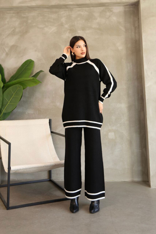 Siyah Çizgi Detaylı Bisiklet Yaka Tunik Ve Geniş Paça Triko Alt Üst Takım BCES-252030