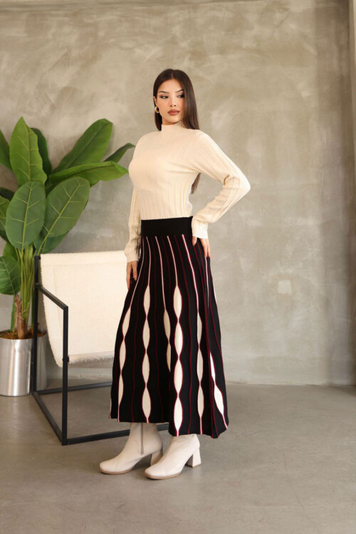 Siyah Dik Yaka Etek Görünümlü Tek Parça Desenli Triko Elbise BCES-252020