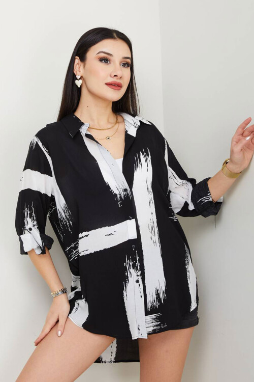 Siyah-Ekru Desenli Pamuk Dokuma Gömlek BCAYN-254006