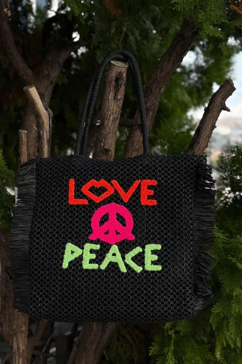 Siyah El Örgüsü Nakışlı Hasır Çanta BCNSV-25NWC-1021