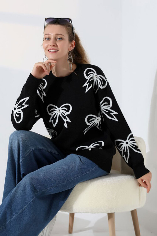 Siyah Fiyonk Desenli Triko Kazak BCES-252045