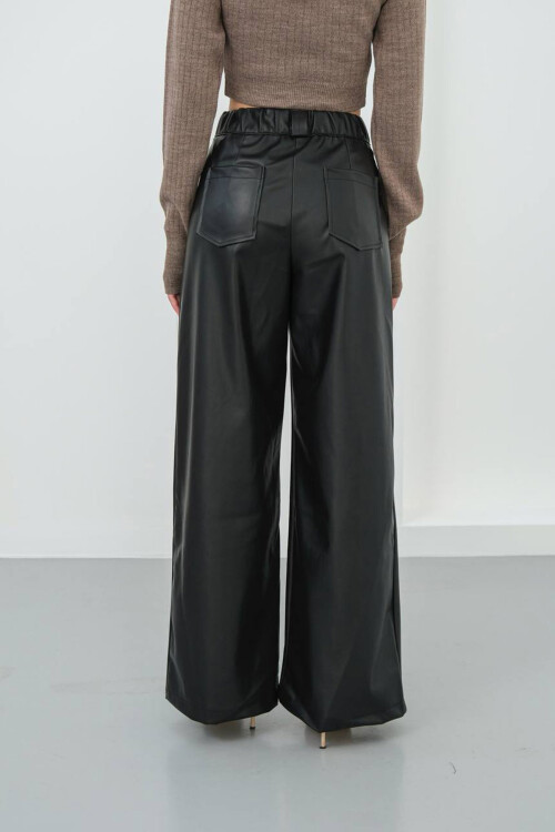 Siyah Geniş Paça Suni Deri Pantolon BCHN-25263644