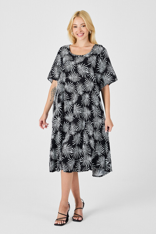 Siyah Geniş Yaka Desenli Midi Boy Elbise