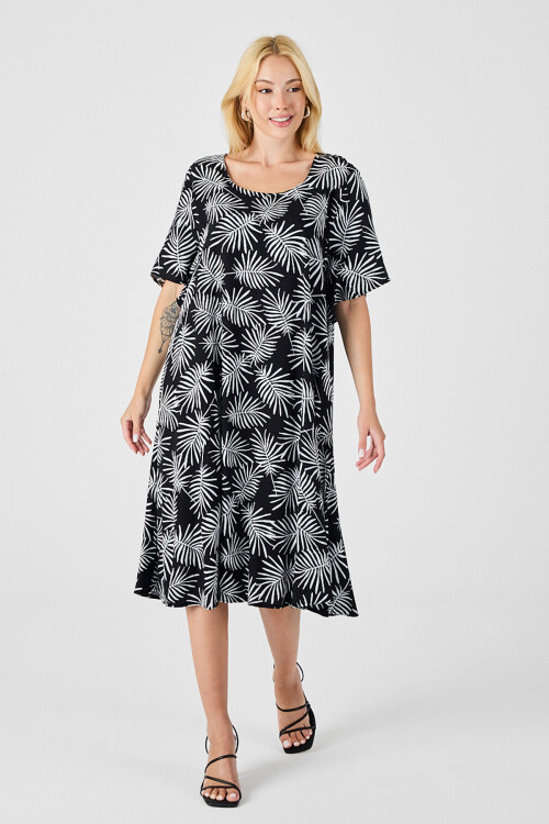 Siyah Geniş Yaka Desenli Midi Boy Elbise