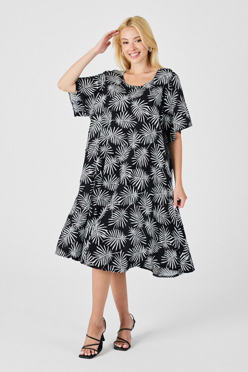 Siyah Geniş Yaka Desenli Midi Boy Elbise