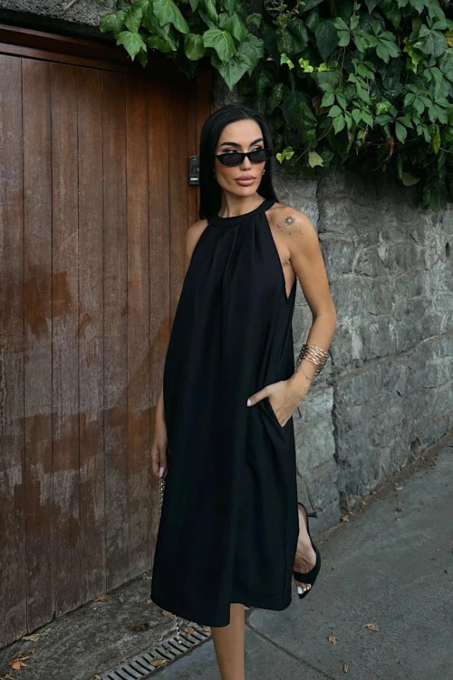 Siyah Gizli Cepli Yazlık Keten Dokuma Elbise BCDF-25255029