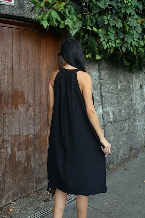 Siyah Gizli Cepli Yazlık Keten Dokuma Elbise BCDF-25255029