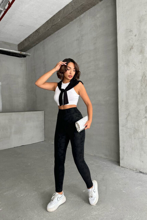 Siyah Kamuflaj Desenli Tayt BCHN-2526638